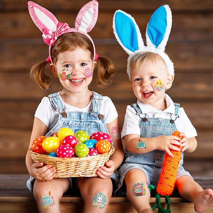 117 PCS Easter Temporary Tattoos, Rabbit Colored Egg Chicks Carrot Water Transfer Stickers for Kids Boys and Girls Birthday Party Favors, Children Easter Basket Stuffers