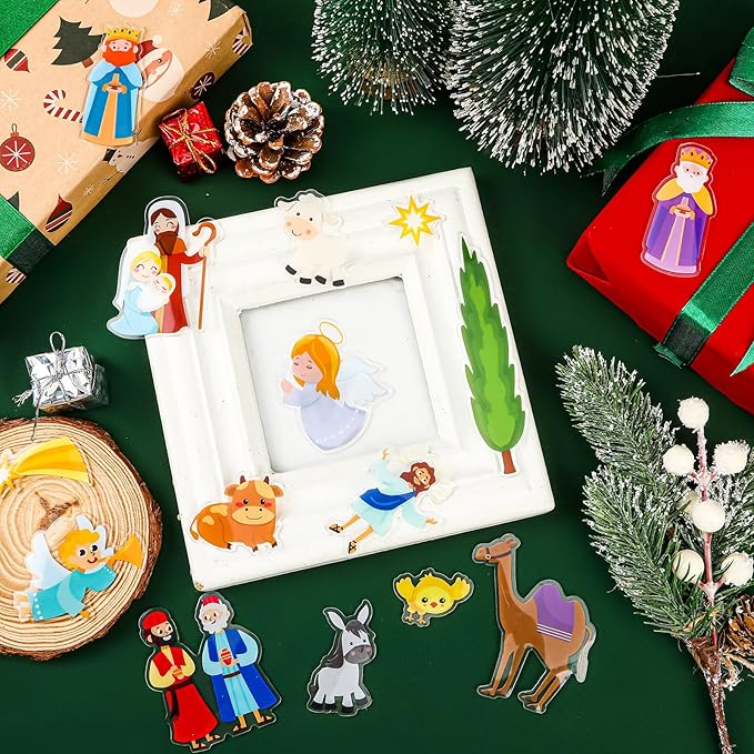 MARFOREVER Nativity Christmas Window Clings Stickers,50 PCS Christmas Religious Gel Stickers Holy Jesus Thick Gel Clings Decals for Gift Toddlers Classroom Xmas Window