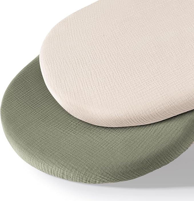 Muslin Bassinet Sheets for Babies – Soft & Breathable 100% Cotton Fitted Sheets for Oval, Rectangle, Hourglass Bassinet Mattress Pads, 2-Pack (Ivory & Pink)