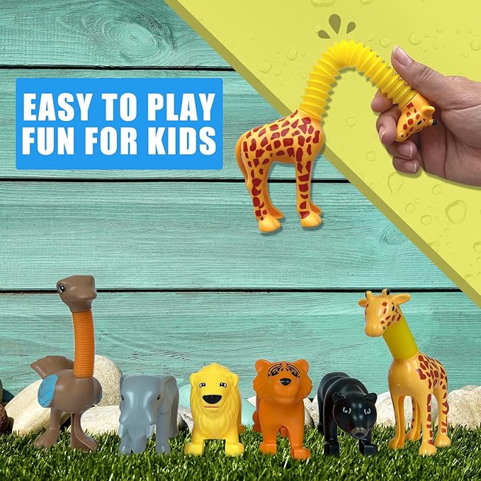 Animal Pop Tubes Sensory Toys 6 Pack Fidget Toddler Stretchable Stress Relief Tubes for Autism, Party Favors, Christmas Stocking Stuffers, Birthday Gifts for Kids Boys & Girls