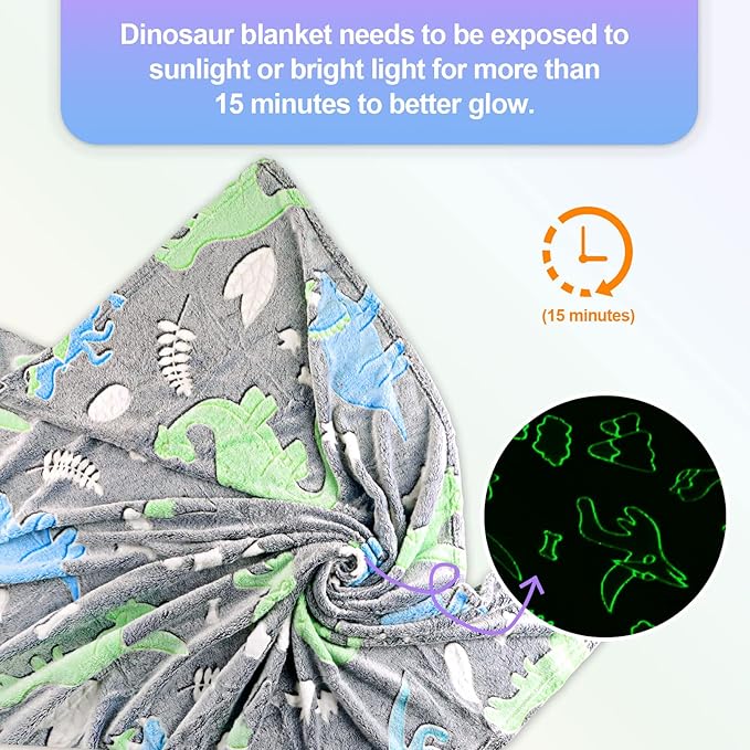 Personalized Dinosaur Glow in The Dark Kids Throw Blanket, 30"x40", Multicolor