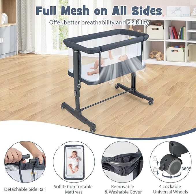 INFANS 3 in 1 Baby Bassinet, Bedside Sleeper for Newborn, Folding Crib with Mattress, Travel Bag, Wheels, 4-Sided Mesh, Easy to Assemble Cradle Co Sleeper Stationary, Rock (Dark Grey)
