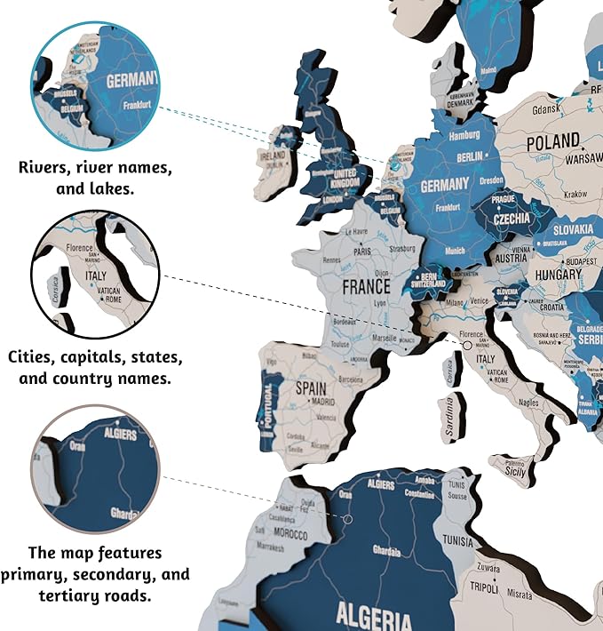 Colorfull Worlds 3D Wooden World Map Wall Art - Premium Multicolored World Travel Map for Wall Decor with Push Pins- Ideal Housewarming Gift & Travel Tracker (XXLarge, Navy)