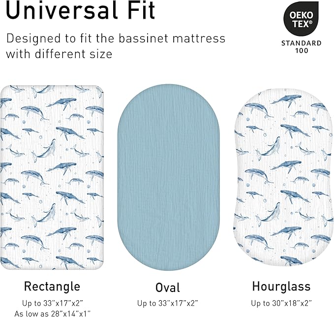 Muslin Bassinet Fitted Sheets, 2 Pack for Baby Boy and Girl, Soft Breathable Baby Pad/Mattress Sheet, Fit for Hourglass Oval and Rectangle Bassinet Mattress (Blue Whale, Bassinet Sheets 2 Pack)