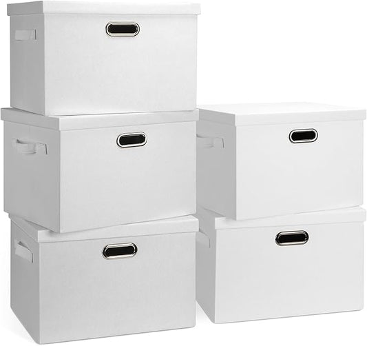 Large 17" 36 Quart Collapsible Stackable Storage Bins with Lids, 5 Packs White Linen Fabric Closet Boxes with Lids, Storage Cube Baskets Container Organizers for Bedroom Office(17 x12 x11)