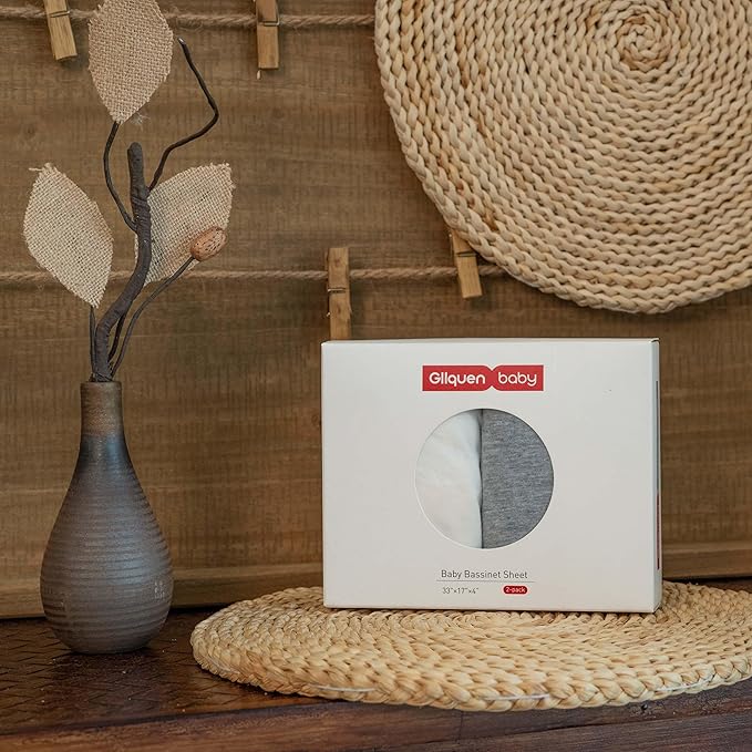 Gllquen Baby Bassinet Sheets 2 Pack, 100% Organic Cotton Bassinet Fitted Sheets for Girls Boys, Soft & Breathable Unisex Baby Mattress Sheet for Standard Bassinets 33"x17"(Grey)