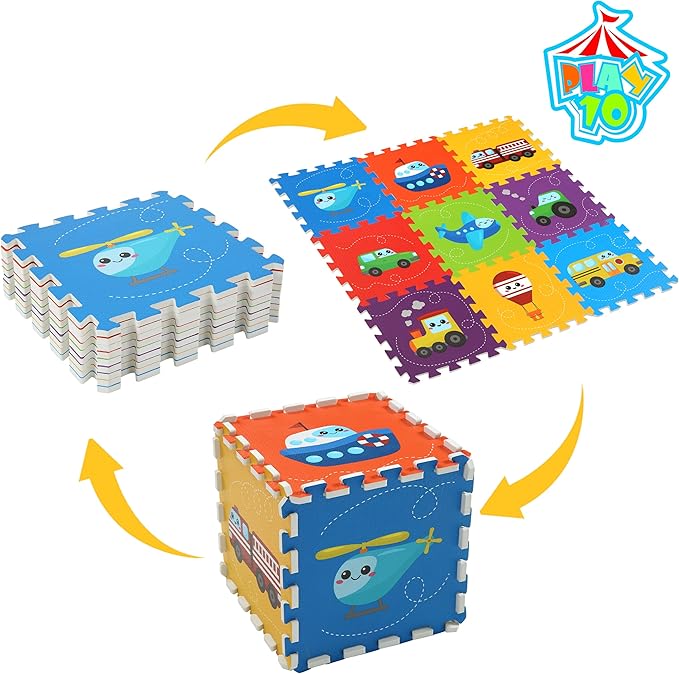 Baby Play Mat, Foam Playmat for Babies, Kids Play Mat, Foam Floor Tiles 34×34 9 Pieces Vehicle Puzzle Mat