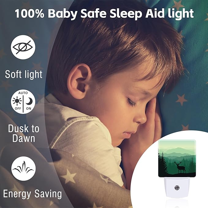 Misty Forest Deer and Mountain Night Light for Kids,Natural Landscape Wild Animal Night Light Plug in with Dusk to Dawn Sensor,0.5w Energy Saving Nightlight for Hallway Stairway Kitchen Bedroom