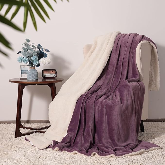NANPIPER King Size Sherpa Blanket, Soft Fleece Throw for Bed, Reversible Thick Fuzzy Blanket for Winter (Cassis Purple, 90x108 inches)