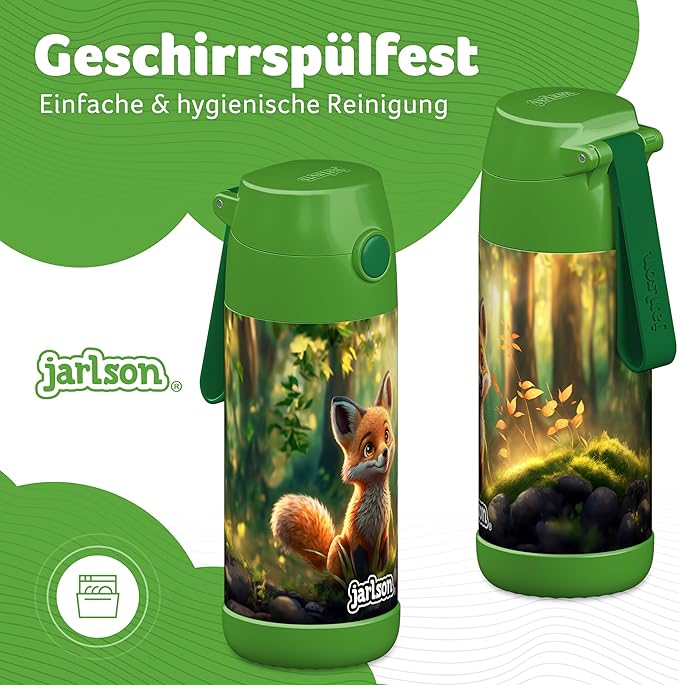 Jarlson® Mali Children's Water Bottle, Thermal Stainless Steel Water Bottle, BPA-Free, Leak-Proof, Children's Bottle with Chug Lid, Bottle for School, Nursery (Fox Green, 12 oz)