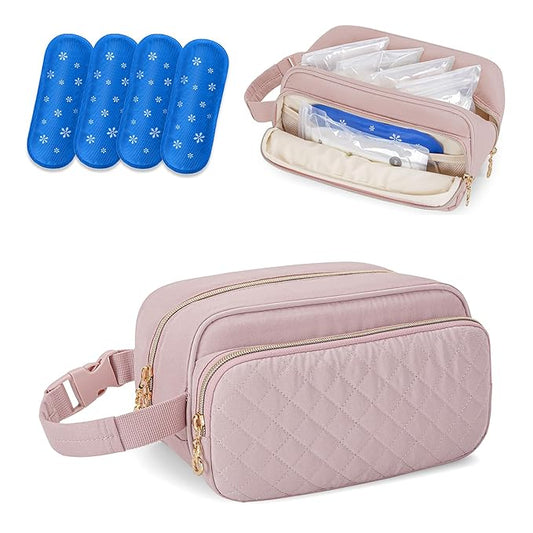 Damero Breastmilk Cooler Bag with 4 Ice Packs, Breast Milk Cooler Travel Bag Fit for Milk Bags or Bottles, with Buckle Handle for Breastfeeding Moms Travel/Daycare, Pink