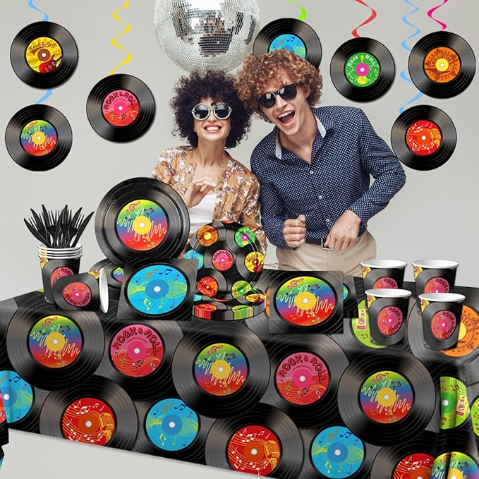 142Pcs Record Theme Tableware Set, 50's Party Decorations Record Paper Plates and Napkins, Cups, Tablecloth, Hanging Swirls Record Banner for 1950's Rock Music Party Supplies