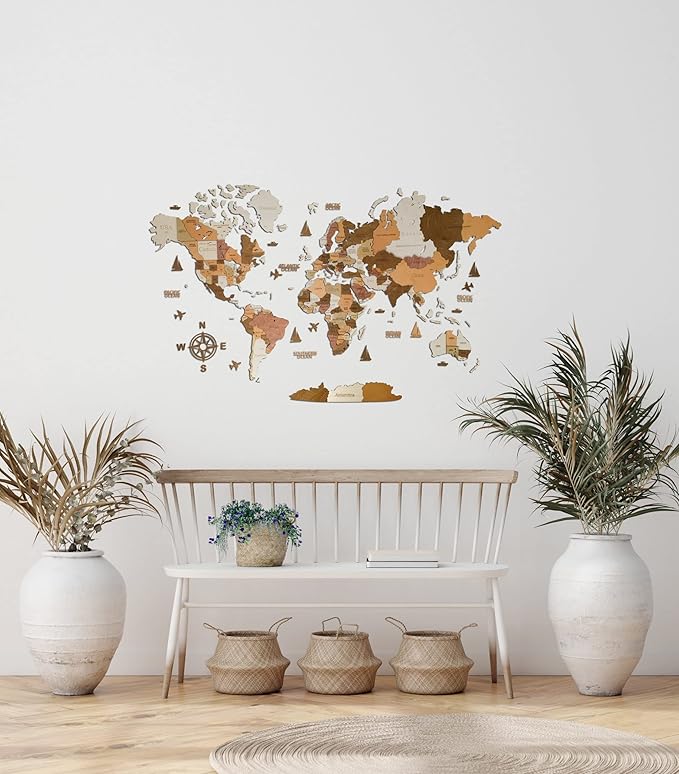 Wooden World Map 3D Art Large Wall Decor - Size (M & L & XL) Any Occasion Gift Idea - Wall Art For Home & Kitchen or Office (CALIFORNIA, 63,00" x 33,46")