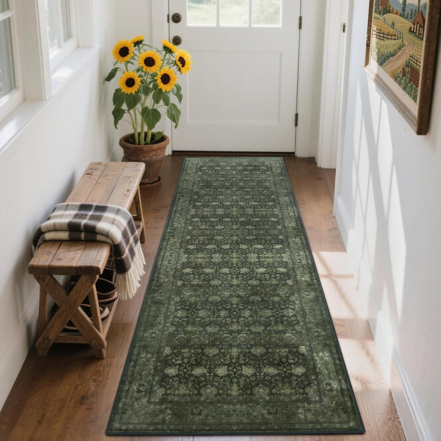 2'6x8' Washable Runner Rug for Hallway, Non Slip Vintage Floral Long Carpet Runners for Entryway, Kitchen, Bathroom, Bedroom, Low Pile Laundry Rugs Rubber Backing (Distressed Green)