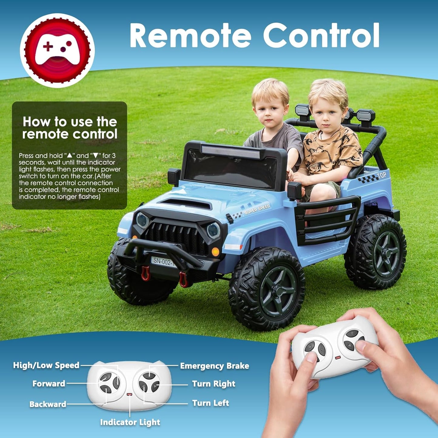 24V 2 Seater Ride On Truck with Remote Control 4WD Electric Car for Kids Ride On Car Battery Powered Ride On Toy Car with Music Player, LED Lights, Bluetooth, Rear Shock Absorber, Gray Blue