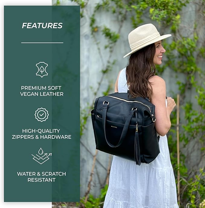 Large Diaper Bag Backpack, Vegan Leather Diaper Travel Tote Bag with Changing Pad and Stroller Straps