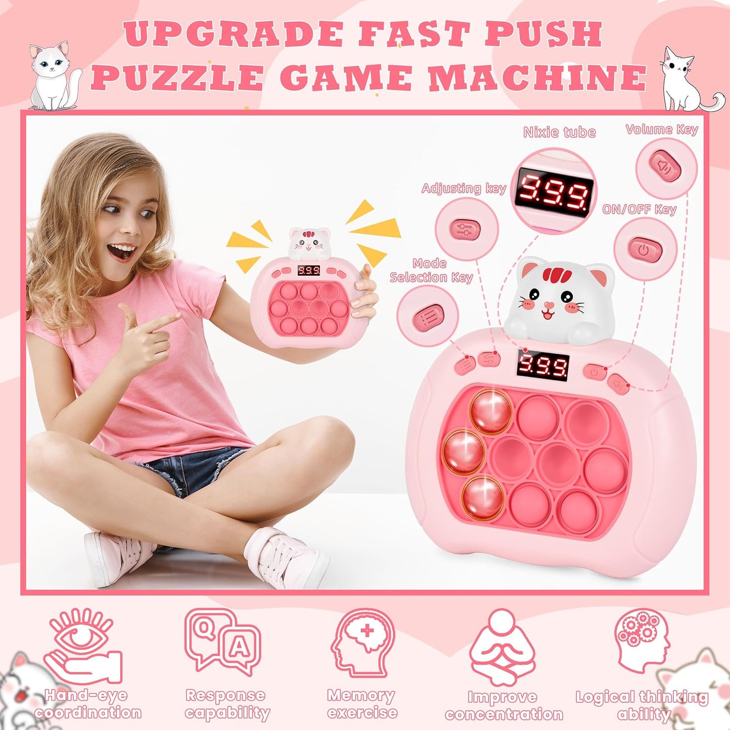 Upgraded Fast Quick Game Pop Bubble Up Toys for Kids, Funny Toys with LED Screen for Kids 3-12 for Girls and Boys Bubble Stress,Handheld Puzzle Game Sensory Toys (Batteries Included) (Kitten)
