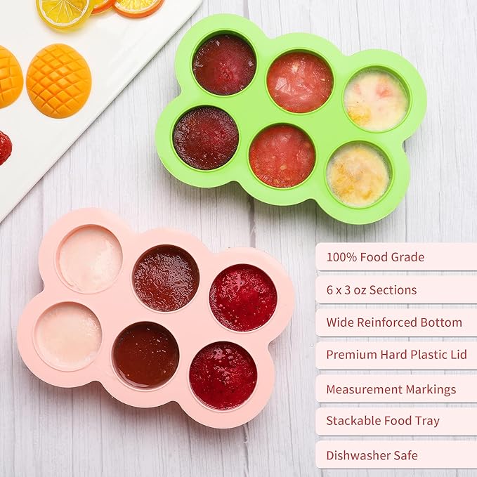 6x3oz Baby Food Freezer Tray with Clip on Lid Gossamer Pink | Leakproof Freezer Molds Silicone Storage Container for Purees Fruits Vegetables