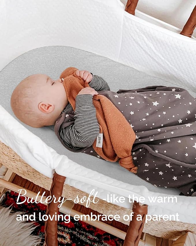 Bassinet Fitted Sheets 33x20 for Baby Beside Dreamer Bassinet & Bedside Sleeper - Buttery Soft, Premium Stretchy Jersey Knit Sheets - Navy + Grey + Cloud, 3 Pack