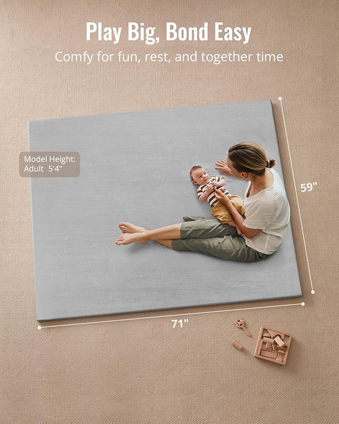 Blissful Diary Ultra Soft Baby Play Mat, 71x59 Extra Large Floor Mat with Removable & Washable Slip-On Cover for Babies and Toddlers, Light Grey