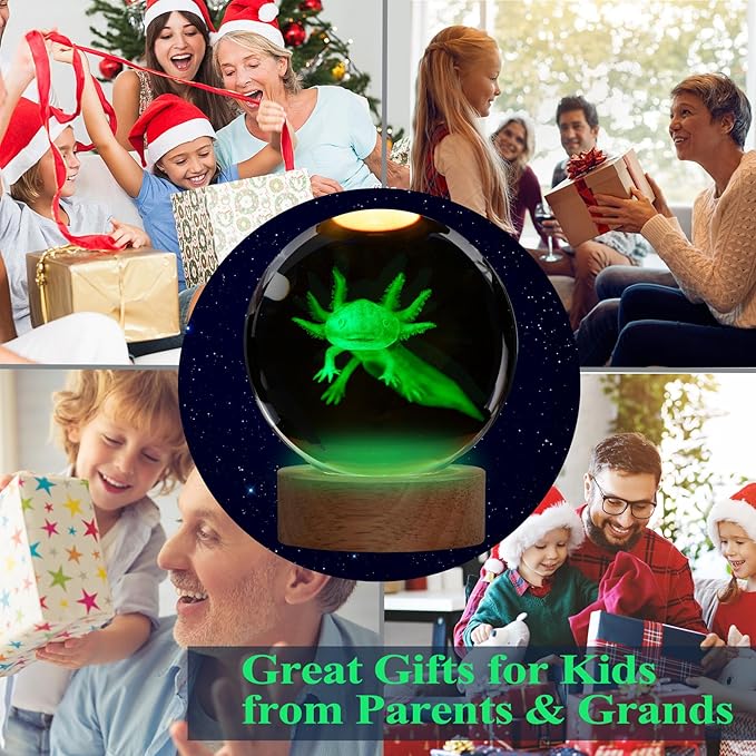 Axolotl Night Light with Upgraded 3.15 Inch 3D K9 Crystal Ball, Axolotl Lamp with Remote 16 Color Gifting Box for Birthday Xmas Cool Axolotl Figurines Gifts for Room Decor Boys Girls