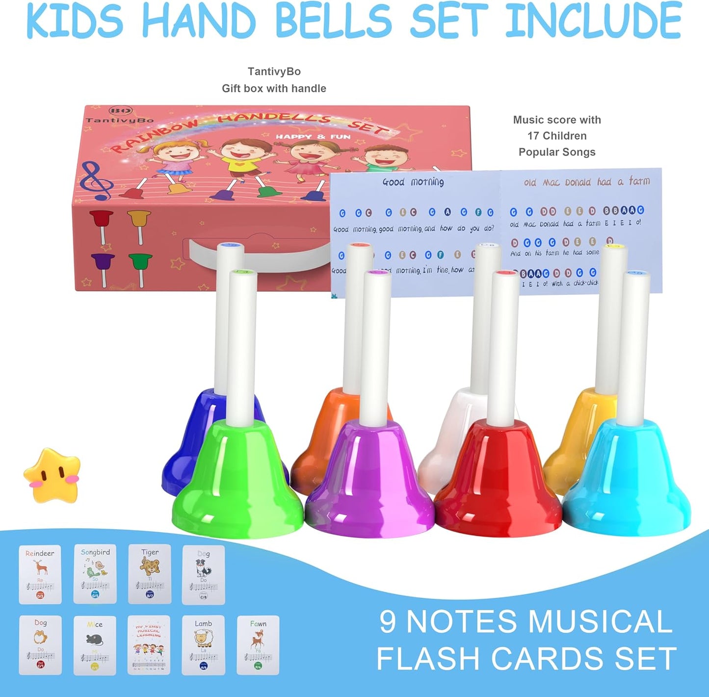 Hand Bells, 8 Note Musical Handbells Set with 17 Songbook Musical Toy Percussion Instrument for Toddlers Children Kids for Children's Day Family Activity School and Church (Upgraded Edition)