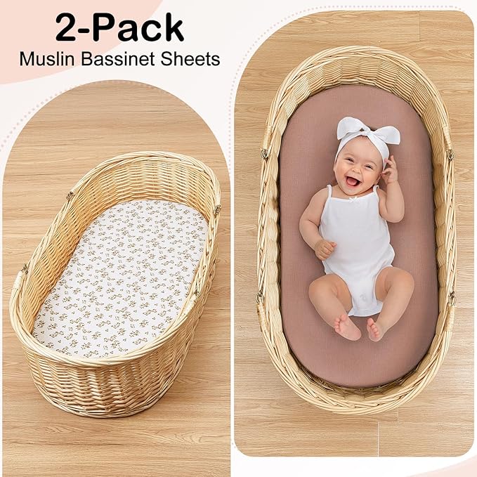 Baby Bassinet Sheets TPU Waterproof 2 Pack Soft Muslin Bedside Bassinet Mattress Sheets with Bottom Elastic Band for Baby Boy Girls Unisex Fit Hourglass Oval and Rectangle, Brown Flowers