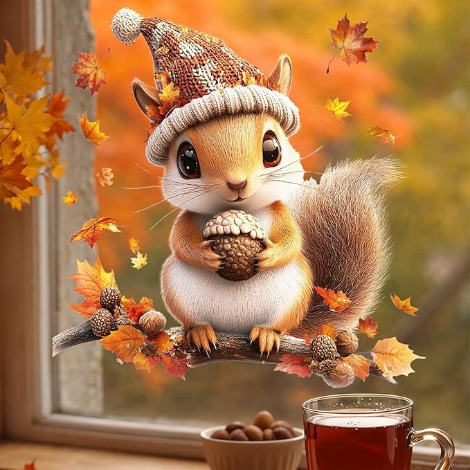 1 Sheet Fall Window Stickers Cute Squirrel Pine Cones Designs Double-Sided Cartoon Animal Decal Fall Leaves Window Clings Autumn Window Clings for Glass Windows for Home School Party Supplies