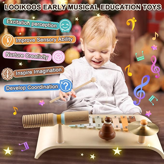 LOOIKOOS Kids Drum Set Toddler Musical Instruments Set Wooden Percussion Instrument Xylophone for Kids Montessori Toys Preschool Educational Musical Toys