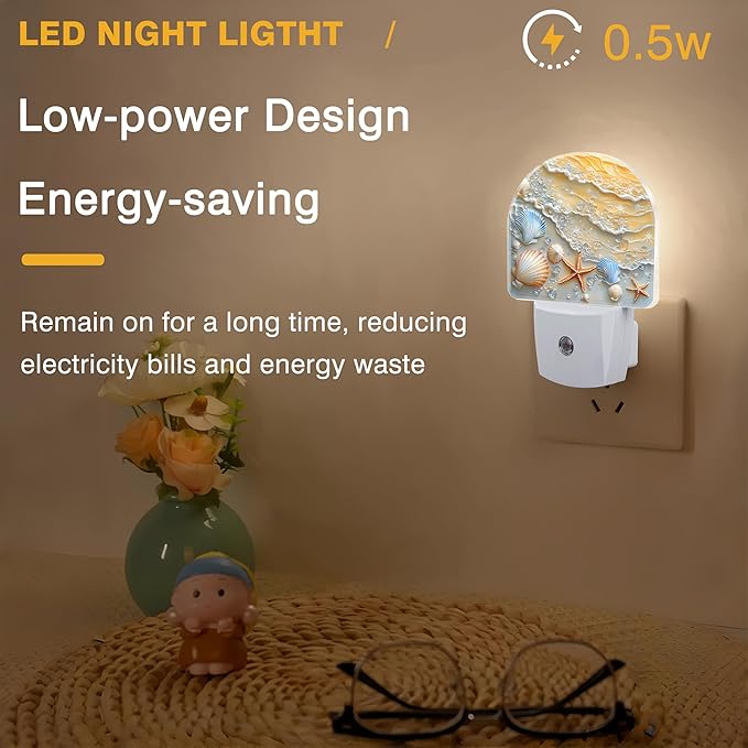 Night Light, Seashells and Seastars on Beach Night Lights Plug into Wall Dusk to Dawn Sensor Round Nightlight for Women Men Energy Efficient Led Lamp 0.5W for Stairway Hallway Bedroom