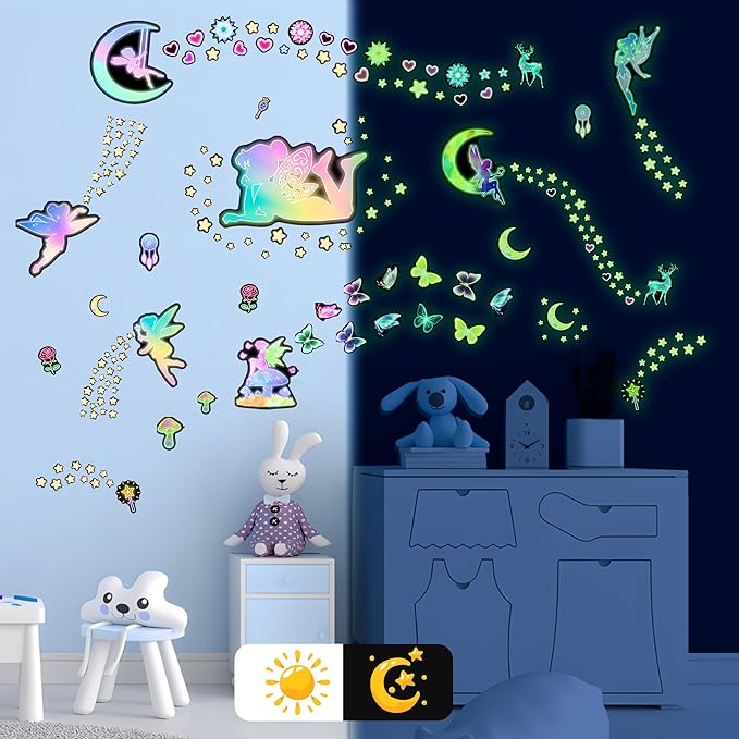 Glow in The Dark Fairy Star Wall Stickers, Neon Fantasy Elf Butterfly Wall Decal for Girls Room, Baby Girl Boy Bedroom Ceiling Nursery Decoration