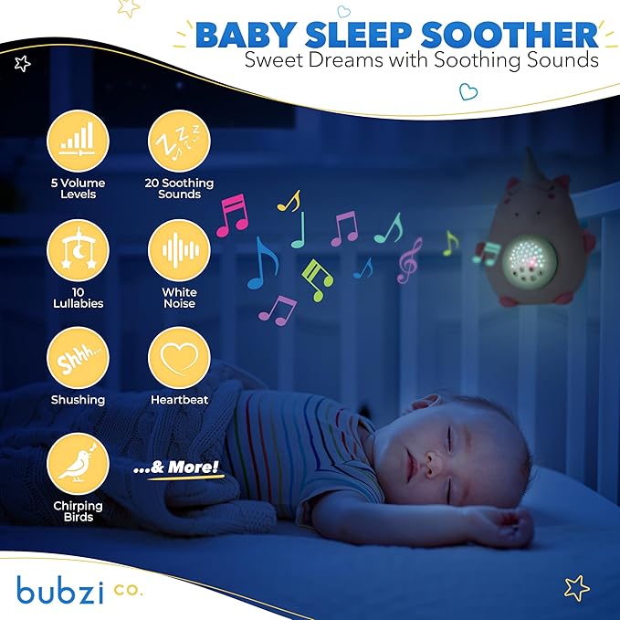 Bubzi Co Unicorn Baby Sound Machine & Night Light Projector, Portable Sleep Aid with White Noise & Soothing Shush Sounds