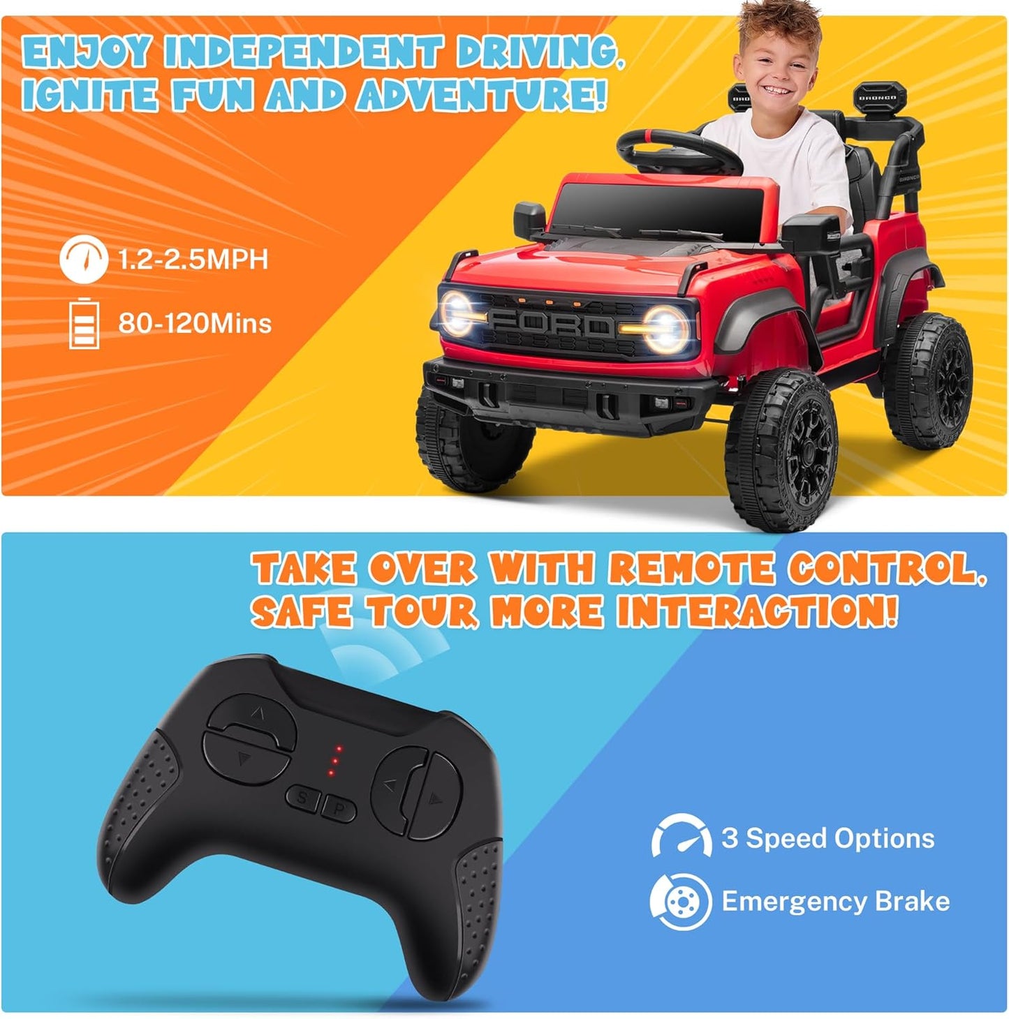 ENYOPRO 12V Kids Ride On Car with Remote Mode, Licensed Ford Bronco Raptor Electric Car for Toddlers, Battery Powered Ride On Toy Truck w/2 Speed, Working Headlights, Music Player, Radio (Red)
