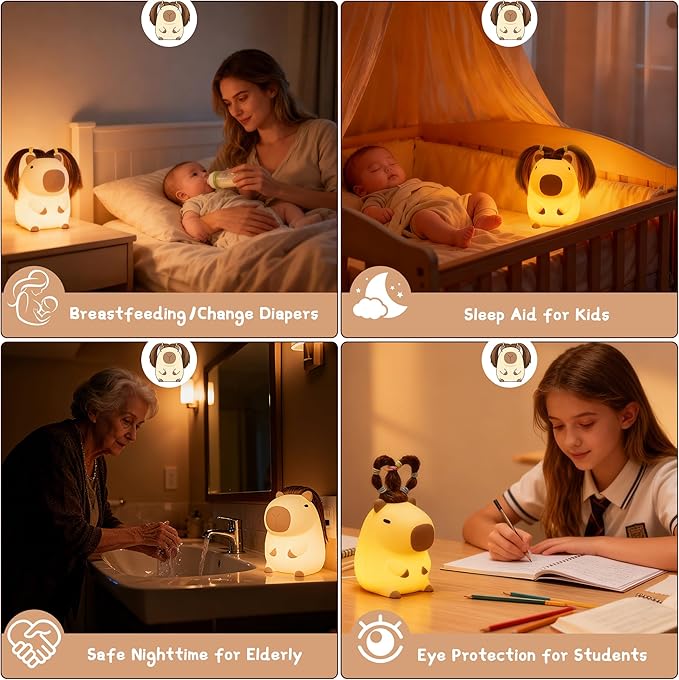 Cute Capybara Night Light with DIY Hairstyle ,Funny Squishy Silicone Animal Night Lamp, Dimmable/Timer Nursery Nightlight for Kids, Rechargeable Touch Bedside Lamp, Bedroom Decor, Baby Boys Girls Gift
