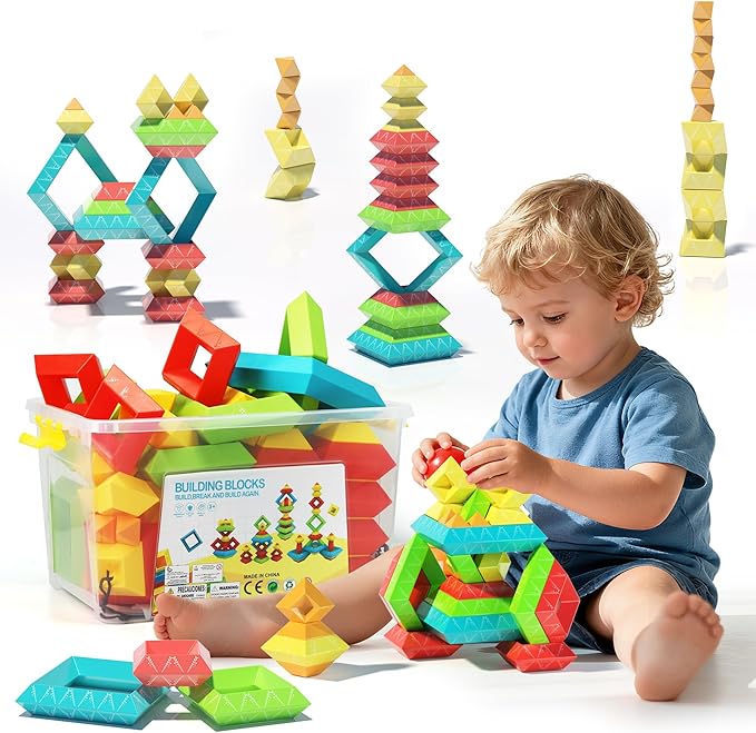100Pcs Montessori Toys for Ages 1-3 2-5 Toddlers Kids Baby,Pyramid Stacking Building Toys,3D Preschool Learning Blocks for Kids,STEM Sensory Toy Gifts for 2-4 Year Old Boy Girl,Big Plastic Storage Box