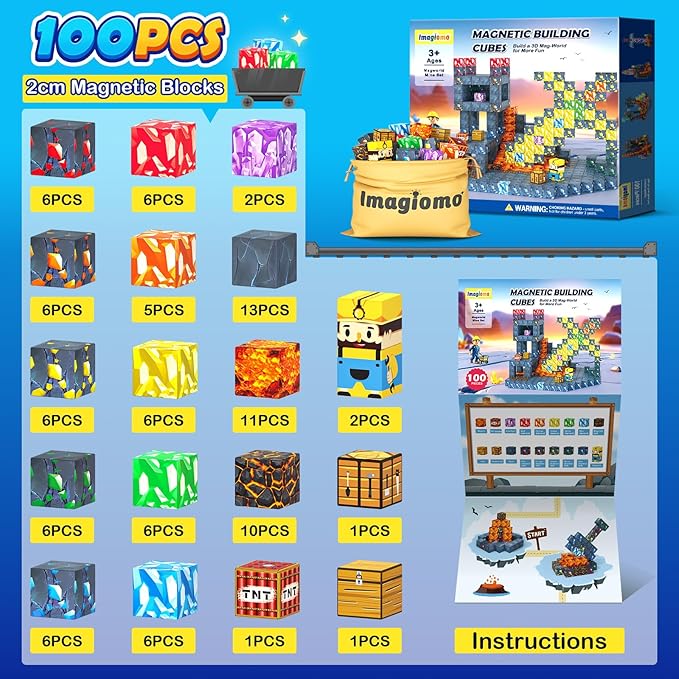 100PCS Magnetic Blocks - Build Mine Magnet World Mine Sword Adventure Set, Building Toys Classroom Must Haves Learning Sensory Toys for 3 4 5 6 7 8 Toddlers Kids Games Birthday Gifts for Boys & Girls