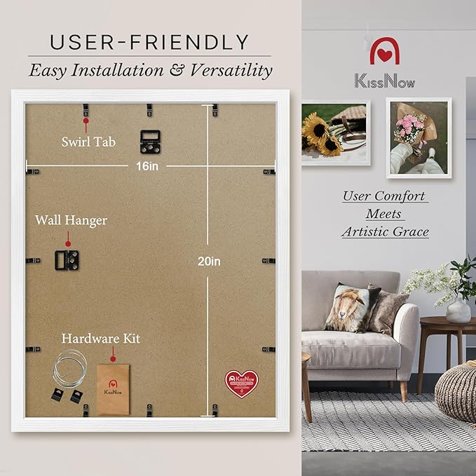 16x20 Picture Frame 2 Pack, Textured White Solid Wood, Wall Gallery Poster Frame