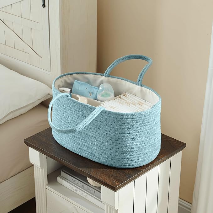 Baby Diaper Caddy Organizer, Extra Large Cotton Rope Nursery Diaper Basket, Changing Table Organizer, Portable Tote Bag with Divider, Car Storage, Baby Shower Gifts for Newborn Girls - Lake Blue
