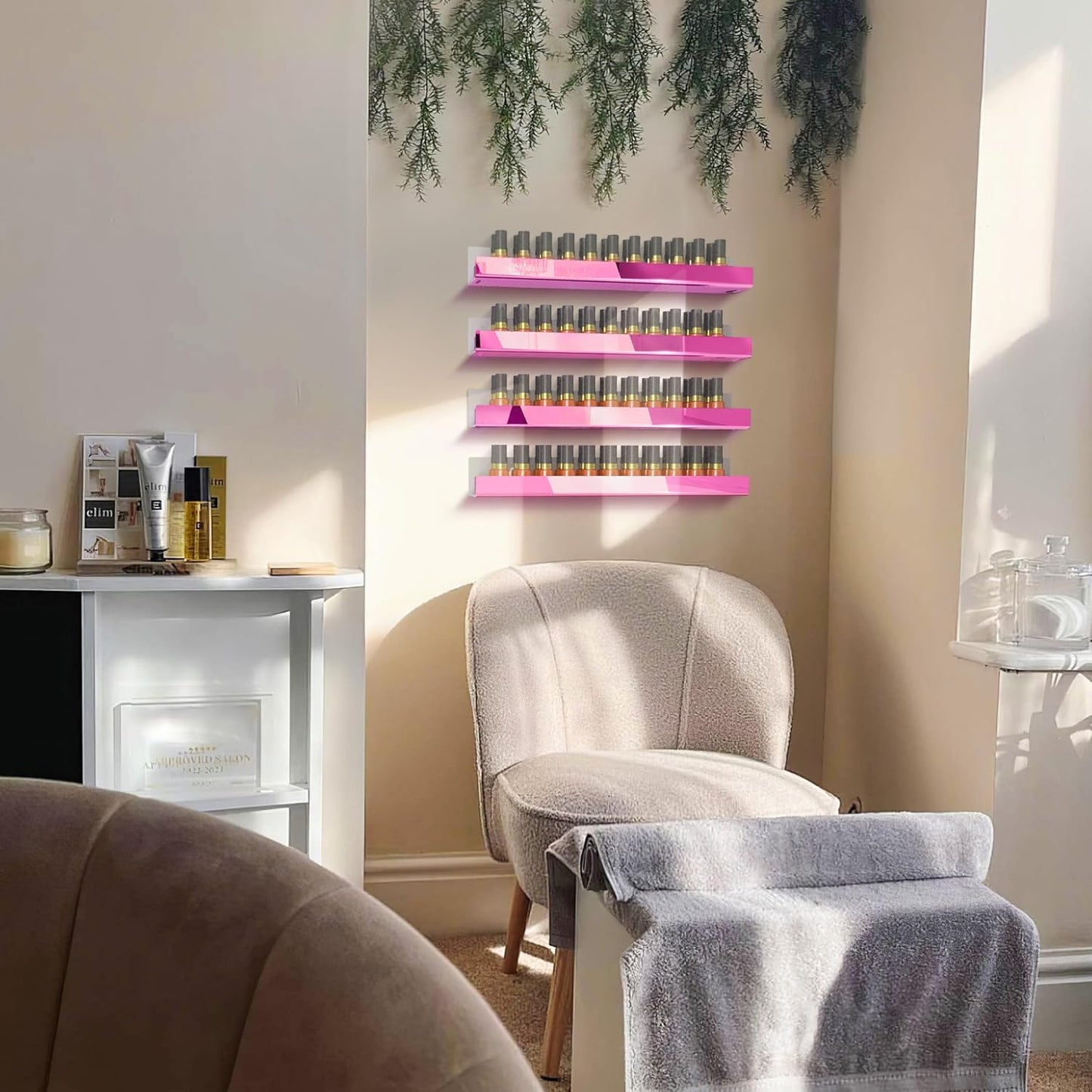 4 Pack 15 Inch Pink Reflective Acrylic Shelves, Pink Floating Shelves, Modern Sunglasses Essential Oil Picture Ledge Display Toy Storage Shelf