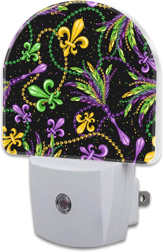 Mardi Gras Carnival Design Night Light, Colorful Fleur De Lis and Feathers Dusk to Dawn Night Light Plug in, 0.5w Energy Saving Sleep Friendly Nightlights for Kids Boys Girls Home Decor