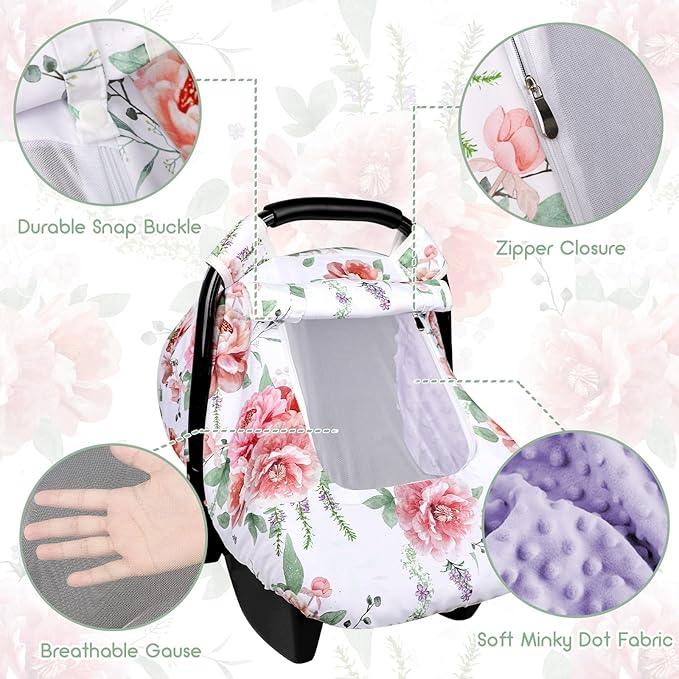 Baby Carseat Cover Girls, Pea Pod Floral Infant Car Seat Covers Canopy for Newborn with 2 Layers Windows of Breathable Mesh/Fabric, Lightweight Polyester/Minky Dot Backing, Snug Fit Most Baby Car Seat