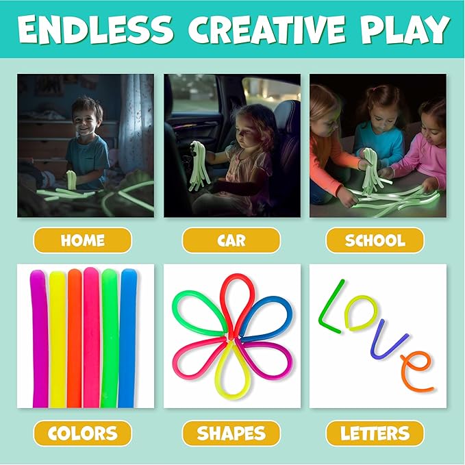 BUNMO Sensory Toys Stretchy Strings for Toddlers 3+ - Stimulating & Addictive Fidget Toys for Kids - Hours of Fun for Kids - Non-Mouthable Toy 3+ - Glow 6 Pack