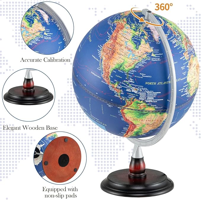 12" Illuminated World Globe, Desktop Globe with Raised Relief, LED Lights, Time Zone & Non-Slip Wooden Base, Geographic Terrain Globes for Decoration & Living Room (Navy)
