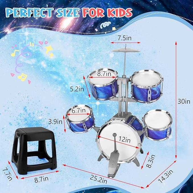 Kids Drum Set for Toddlers 1-3 Musical Jazz Drum with Stool Toys for 2-5 4-6 5-7 Boys Girls Birthday, Blue