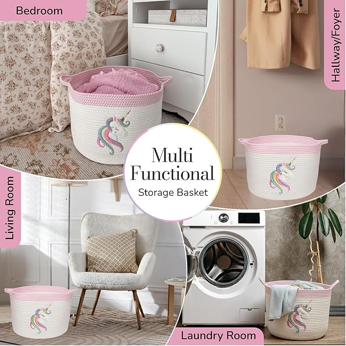 Unicorn Storage Basket for Nursery – Large 15”x11” Cotton Rope Bin with Soft Felt Animal Patch – Toy Organizer, Baby Laundry Hamper, Diaper & Towel Holder – Foldable, Washable & Baby-Safe
