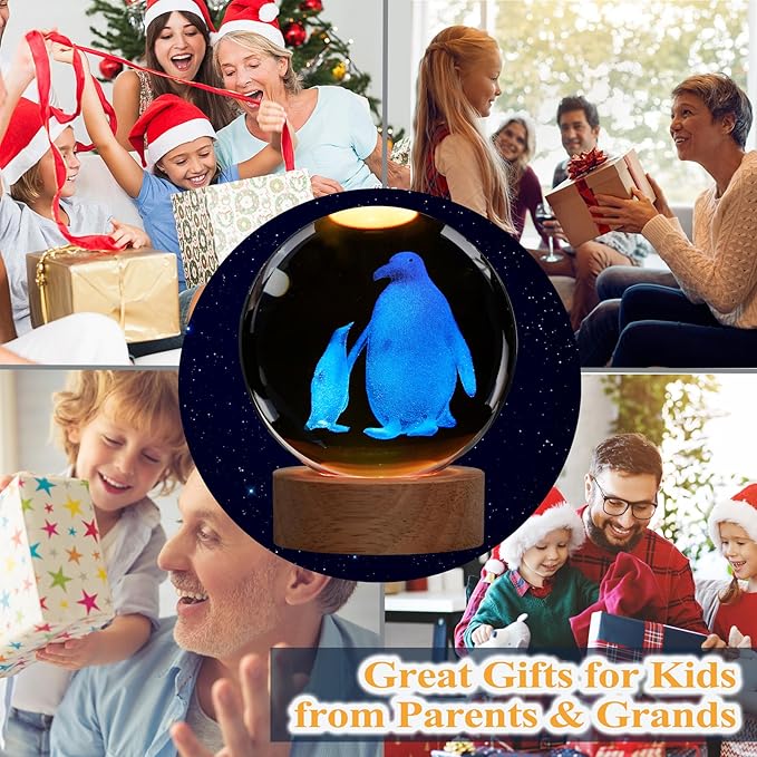 Penguin Night Light, Penguin Gifts, K9 3.15 Inch (80mm) Crystal Ball Night Light with 16 Colors Remote Upgraded Lamp for Birthday Xmas Cool Animal Figurines Gifts for Room Decor Boys Girls