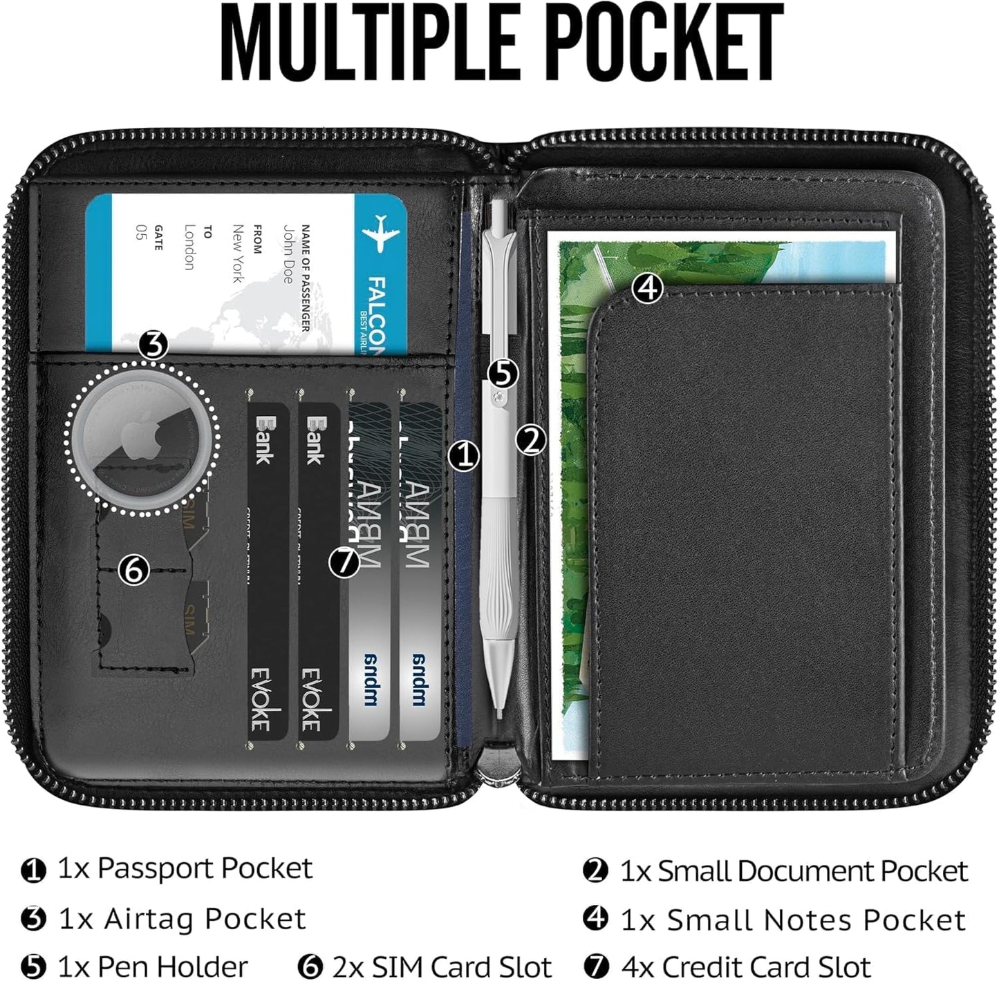 Genuine Leather Passport Wallet for Travel, RFID Blocking Cover with Zipper Closure and 3 Passport Pockets (Black)