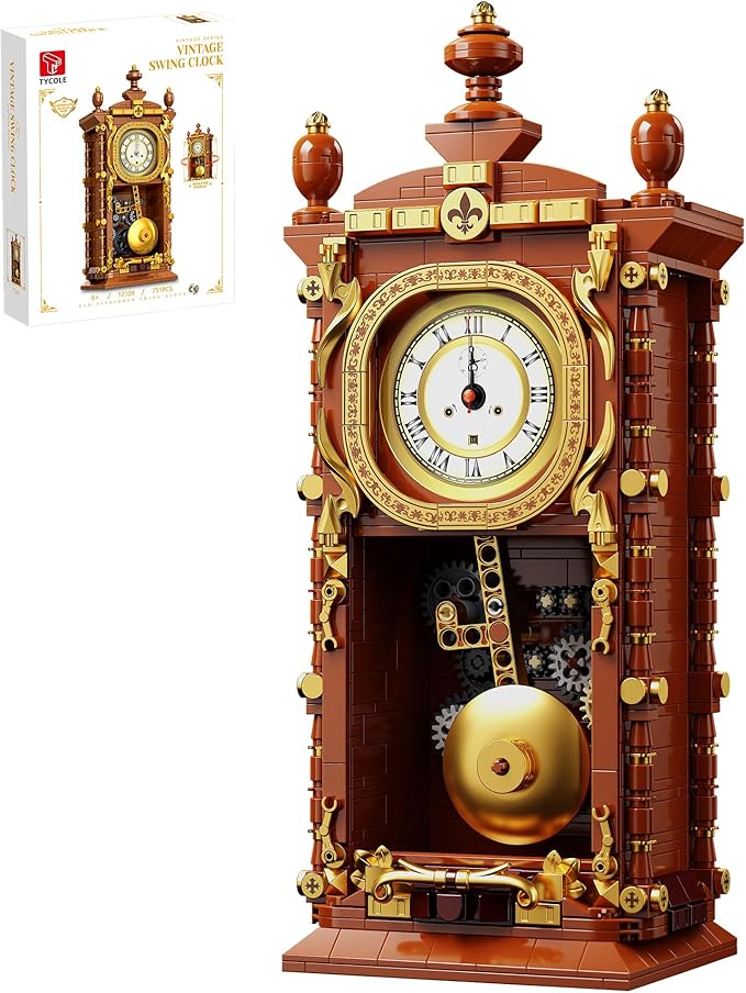 Vintage Pendulum Clock Building Block Set, Stem Toy with Real Clock Function and Linkable Mechanical Pendulum, Unique Home Decoration and Collectible for Adults&Kids 6+
