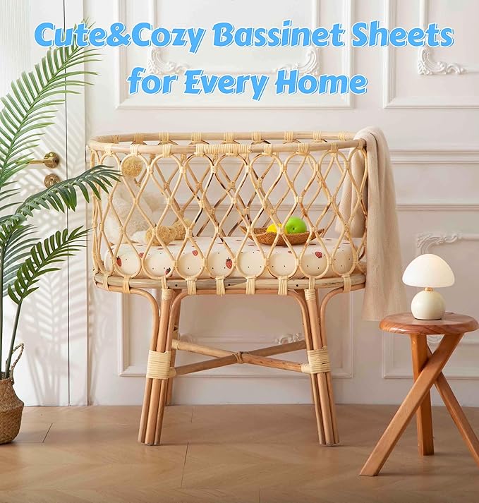 SDY Strawberry Bassinet Sheets for Baby Girl and Boy Set 2 Pack 32 * 16 * 4 inches,Jersey Baby Bedding Fit Hourglass Oval Rectangle Bassinet Mattress，Newborn Essentials (Strawberry&Polka Dot)