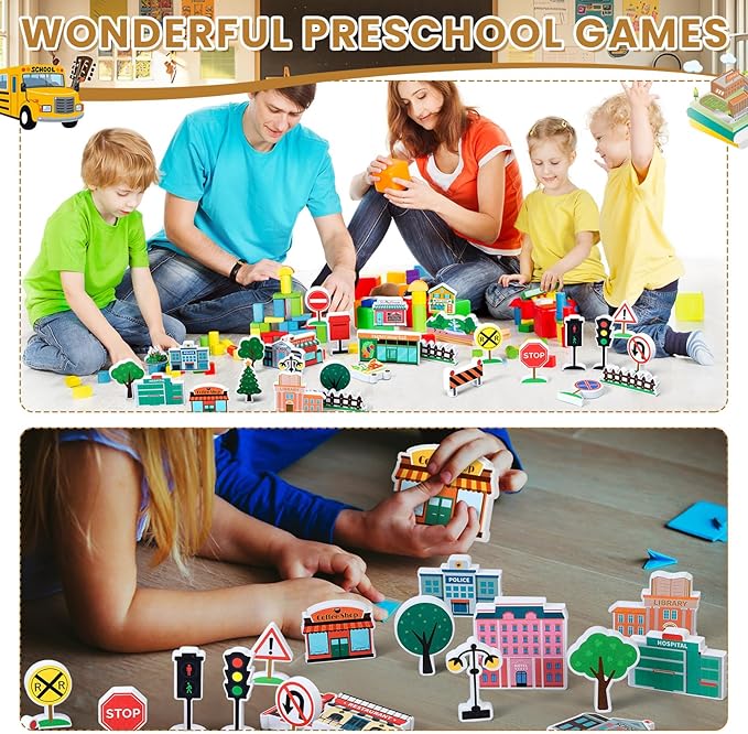 Kathfly 36 Pcs Wooden Community Helpers Community Wooden Toy Preschool Little Professionals Buildings Block Set Multicultural Buildings, Creative Play for Social Learning Educational Model